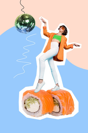 Photo 3d collage poster magazine sketch picture banner of joyful lady like philadelphia sushi isolated on painted backgroundの写真素材
