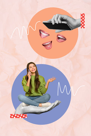 Vertical creative photo collage of lovely positive cute nice girl sitting on hand talking smartphone isolated on pink color backgroundの写真素材