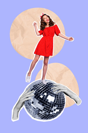 Creative banner template collage of lovely bachelorette lady dancing hen party on glowing disco ballの写真素材