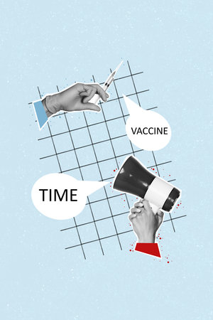 Creative trend collage of hands holding loudspeaker megaphone syringe vaccination time covid 19 coronavirus prevention doctor injectionの写真素材