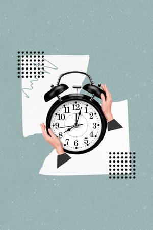 Vertical creative collage image of hands holding big bell clock deadline wake up appointment arrangement wake up punctuality conceptの写真素材
