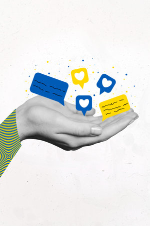 Vertical collage image of black white colors arms palms hold message like notification support...