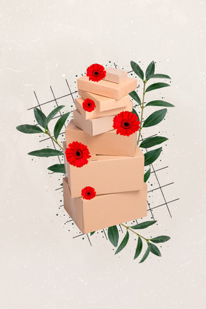 Retro abstract creative artwork template collage of carton cardboard pile stack boxes red gerbera...