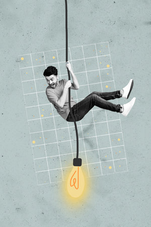3d retro abstract creative artwork template collage of nervous scared young man miniature hanging electric bulb cord wire genius ideaの写真素材