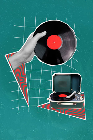 Creative trend collage of arms holding vinyl retro vintage record music 70s 80s meloman lover surrealism, template metaphor psychedelicの写真素材