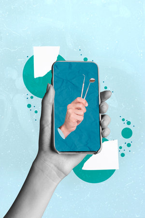 Composite collage image of hand holding device gadget screen display dentist tools healthy teeth equipment stomatology medicine onlineの写真素材