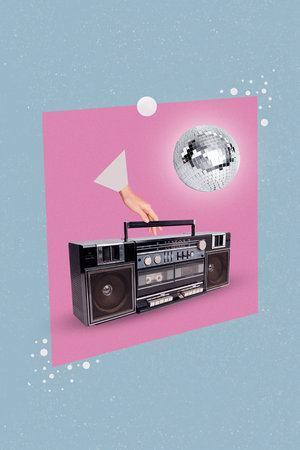 Vertical collage illustration of arm touch play boombox music flowing disco ball isolated on painted backgroundの写真素材