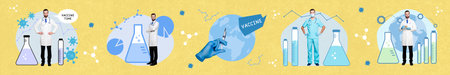Creative collage collection image of doctor vaccine time syringe science research isolated on drawing backgroundの写真素材