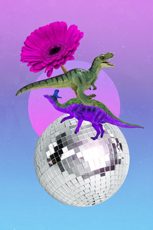 Magazine template collage o0f two prehistoric animals dinosaurs dancing on glitter disco ball occasionの写真素材