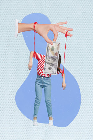Creative collage of huge hand hold puppet doll girl with hidden banknote face financial economic crisis conceptの写真素材