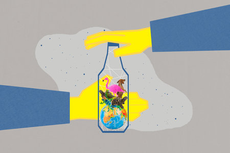 Creative photo 3d collage artwork poster picture postcard of humans needs to save world care nature isolated on painting backgroundの写真素材