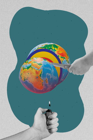 Creative photo 3d collage artwork poster postcard of human arm cause natural disaster cataclysm isolated on painting backgroundの写真素材