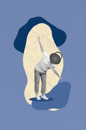 Creative photo 3d collage artwork postcard poster of man weight instead face look down hole hard decision isolated on painting backgroundの写真素材