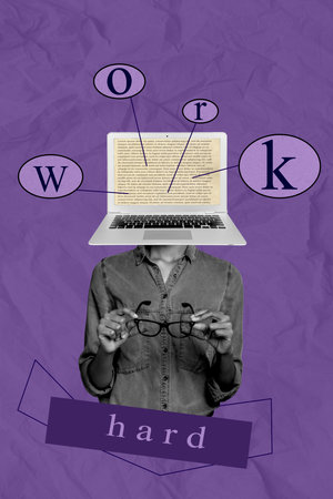 Creative photo 3d collage artwork postcard poster of overworked person working overtime earn money isolated on painting backgroundの写真素材