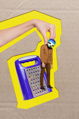 Creative collage of headless masquerade sloth abstract miniature guy hands catch fault problems...