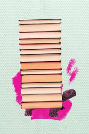 Poster template collage of turtle crawling carrying many book education study concept