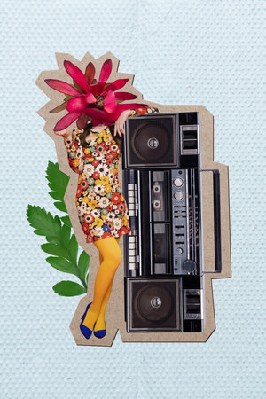 Creative magazine collage of glamour lady with exotic flower face stand boom box festive occasion celebrationの写真素材