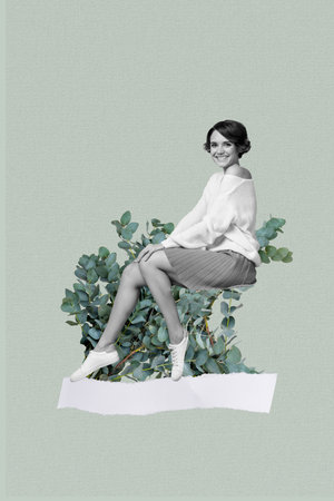 Vertical collage picture of positive pretty black white colors girl sitting fresh plant leaves bush isolated on creative backgroundの写真素材