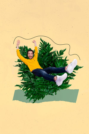 Vertical collage portrait of overjoyed positive mini guy sit green bush leaves isolated on drawing...