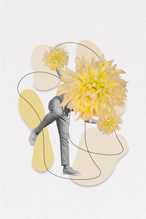 Creative 3d photo artwork graphics collage painting of man flower blossom instead of head isolated drawing backgroundの写真素材