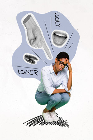 Picture photo artwork 3d collage poster sketch of unhappy dissatisfied lady negative comments isolated on painting backgroundの写真素材