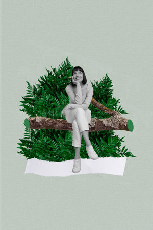 Vertical creative photo collage illustration of positive cheerful charming girl sit on branch dreaming isolated on grey color backgroundの写真素材