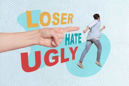 Magazine poster collage of anxious ashamed man run fast away from haters pointing finger abuse criticizeの写真素材