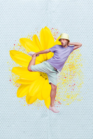 Creative retro 3d magazine collage image of happy smiling guy having fun flower party isolated painting backgroundの写真素材