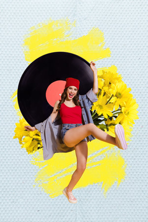 Creative collage banner of funny funky hipster lady dancing energetic behind big turntable plate with floral decorの写真素材
