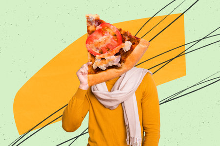 Creative collage image of man arm hold big piece pizza instead head isolated on drawing backgroundの写真素材