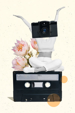 Creative minimalistic collage photo poster postcard picture of glad lovely girl camera instead face isolated on painted backgroundの写真素材