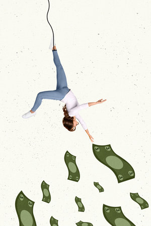 Vertical collage image of excited mini girl hang leg tied string arm catch big dollar banknote bill isolated on painted backgroundの写真素材
