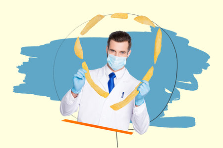 Composite collage image of professional doctor arms hold french fries isolated on creative backgroundの写真素材