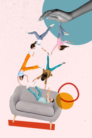 Drawing 3d collage photo poster picture of many people falling down cozy big sofa isolated on painted backgroundの写真素材