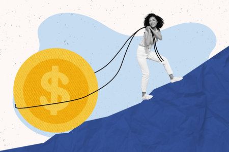 Photo collage artwork minimal picture of happy purposeful lady dragging coin up mountain hill isolated drawing backgroundの写真素材