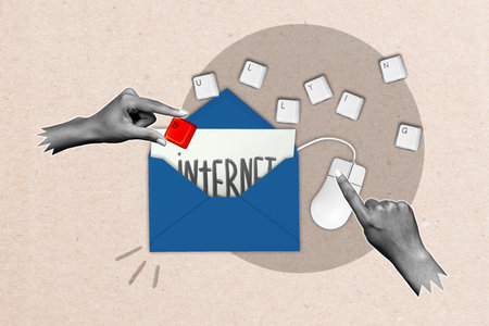 Creative photo collage art design of post mail letter internet bully keyboard buttons click mouse dislike communication isolated on grey backgroundの写真素材