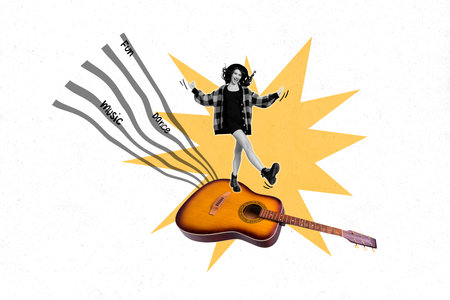 Creative photo collage of young careless relaxed chilling dancing lady enjoy music instrument guitarist rock roll song isolated on painted backgroundの写真素材
