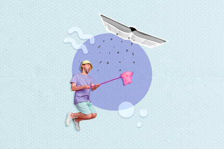 Picture advert banner collage of male guy levitating hunt net intelligence materials fall paper bookの写真素材