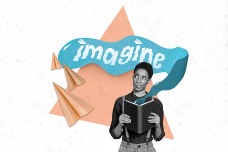 Creative magazine template collage of business person nerd read smart book imagine story flying adventure planesの写真素材