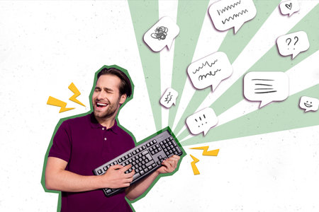 Creative magazine banner collage of crazy web network user choose high quality computer equipment keypad typing lettersの写真素材