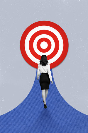 Creative banner poster collage of lady economist go forward ambition aim up success direct red white targetの写真素材