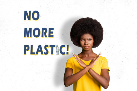 Creative magazine activism billboard collage of lady cross hands reject refuse use plastic earth...