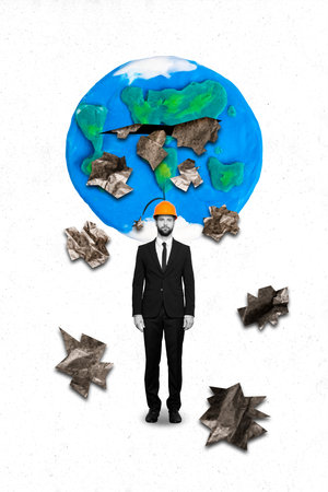 Vertical creative photo collage of male wear orange construction helmet want reduce use of plastic isolated on white color backgroundの写真素材