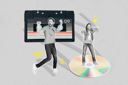 Creative artwork photo collage of carefree guy dancing boogie woogie cassette record listen music...