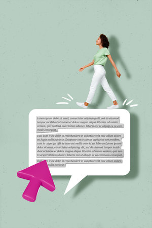 Creative photo collage artwork concept of youngster positive lady miniature walking on materials...