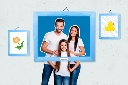Magazine creative poster collage of three people happy family make photo hanging memory on wall decorated backgroundの写真素材
