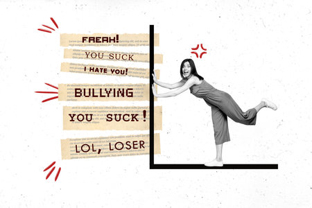 Photo collage artwork minimal picture of smiling lady blocking all troll bullying comments isolated drawing backgroundの写真素材