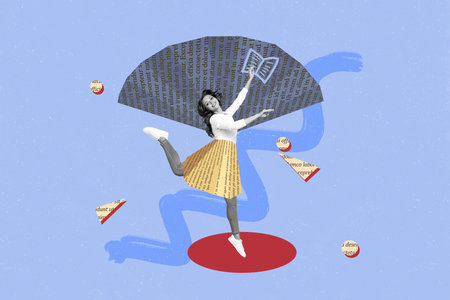 Photo collage artwork minimal picture of smiling excited lady enjoying reading book isolated drawing backgroundの写真素材