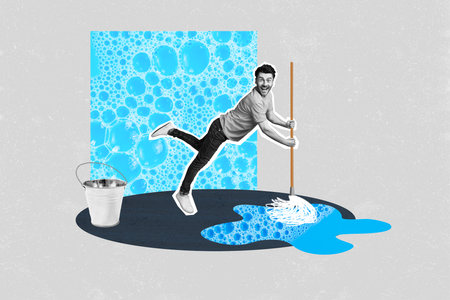 Creative collage photo of young excited housekeeper man hold swabber washing floor sanitary cleaning shampoo near bucket isolated on grey backgroundの写真素材