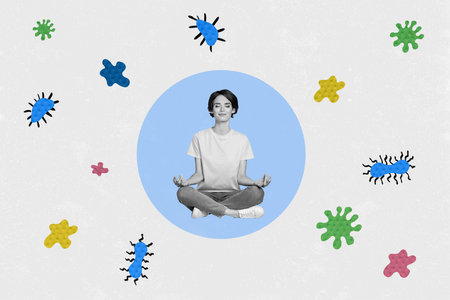 Collage artwork photo of young relaxed focused closed eyes woman sitting meditation protect against coronavirus bacteria isolated on grey backgroundの写真素材